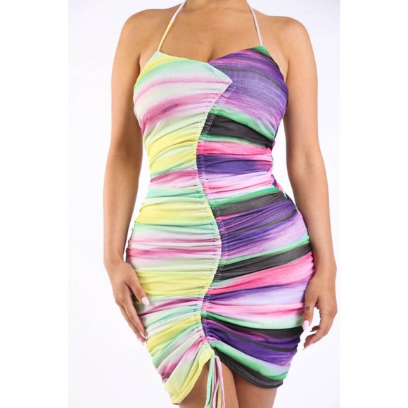 3/$20 - Sleeveless V-Neck Ruched Printed Tank Mini Dress Sexy Party Club - Picture 2 of 11